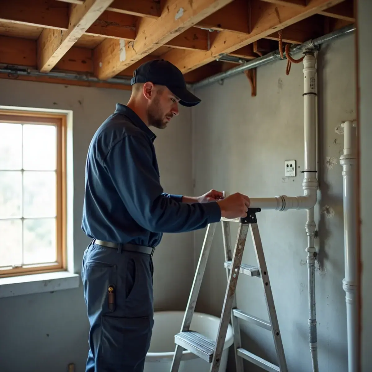 Plumber working on new sewer piping in a Villa Park, IL basement during a flood control job