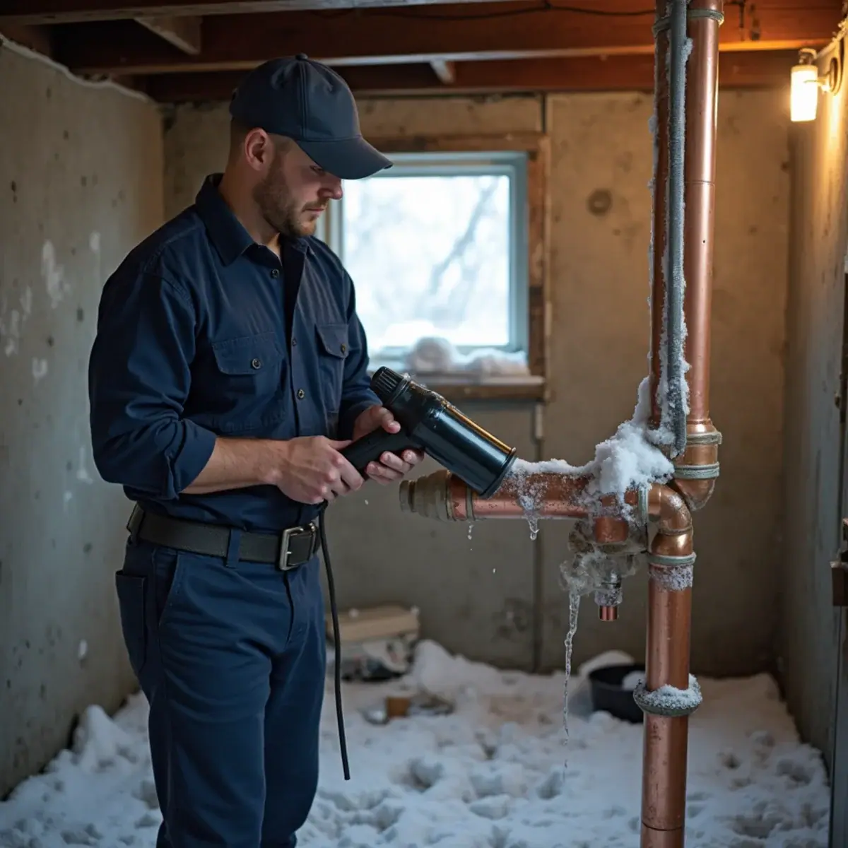 Plumber thawing a frozen copper pipe with a heat gun in a Villa Park, IL basement