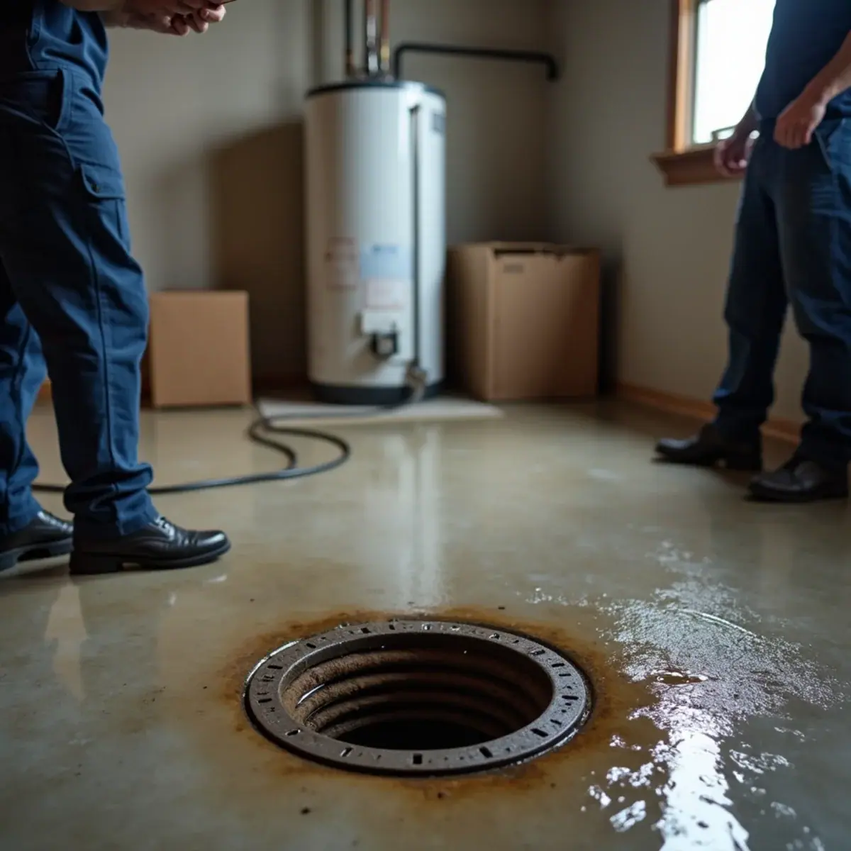 Water pooled around a basement floor drain after a sewer backup, with the water heater behind, in an Illinois home