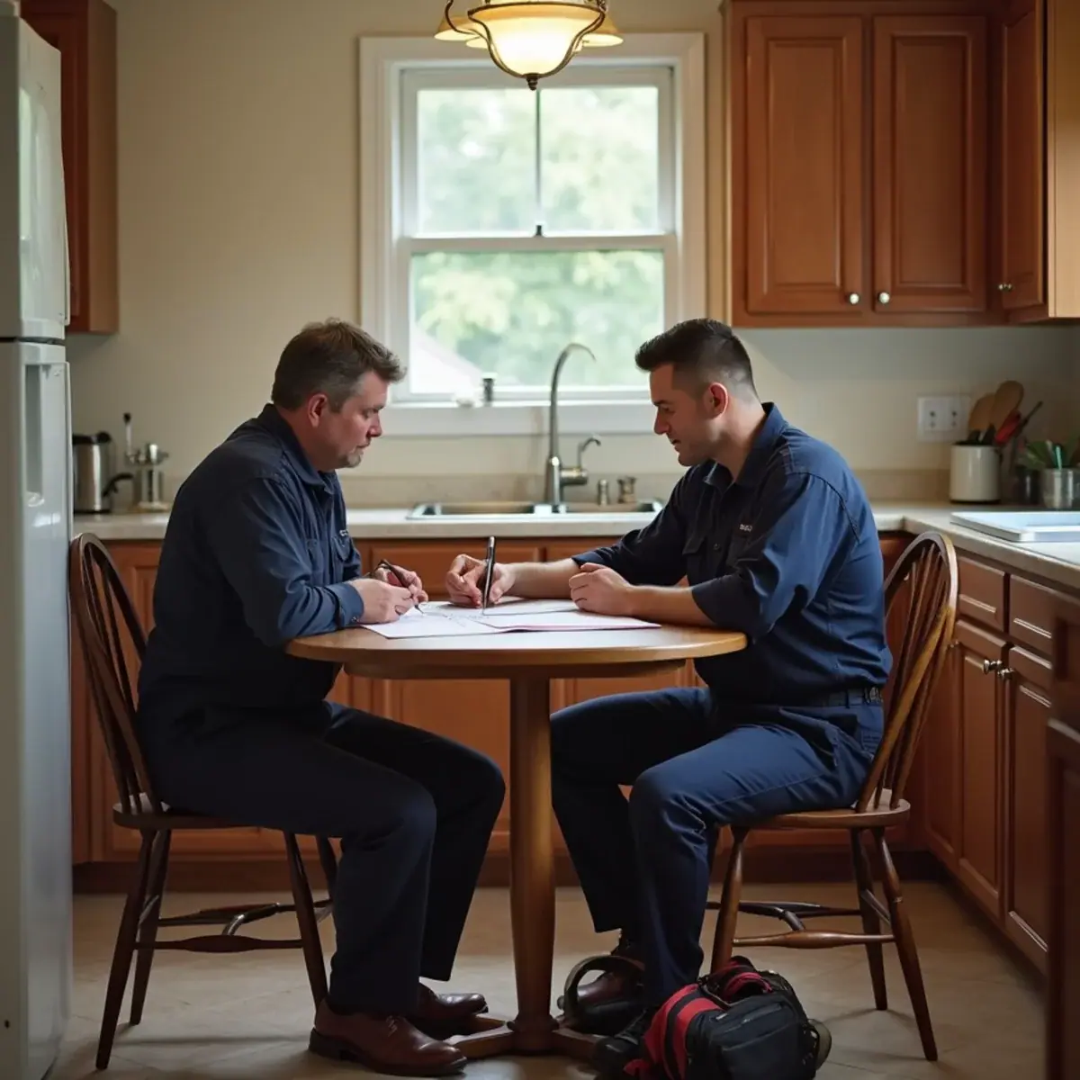 Plumber explaining a written repair quote to a homeowner at a kitchen table in Villa Park, IL