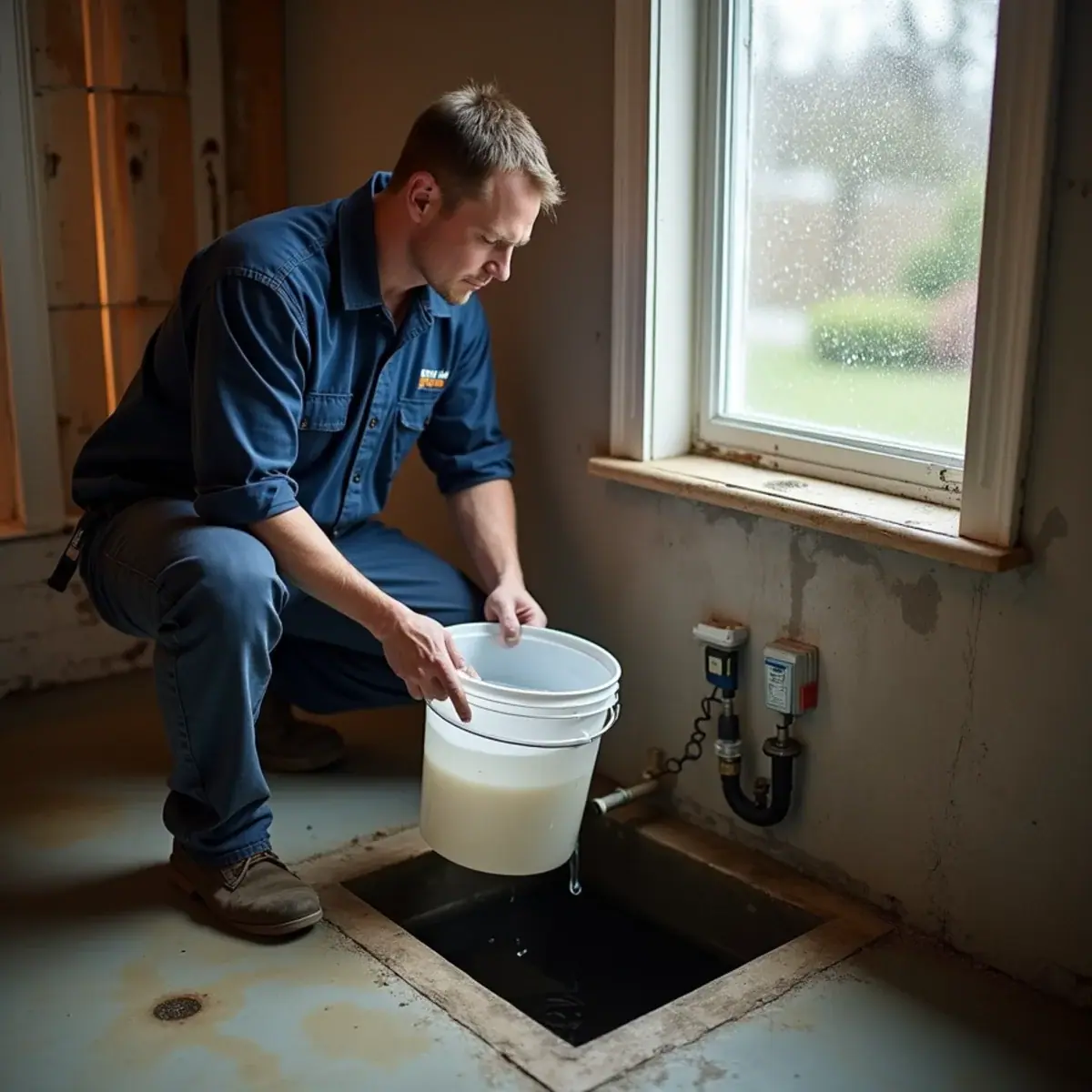 Plumber testing a sump pump with a bucket of water in a DuPage County, IL basement before spring storms