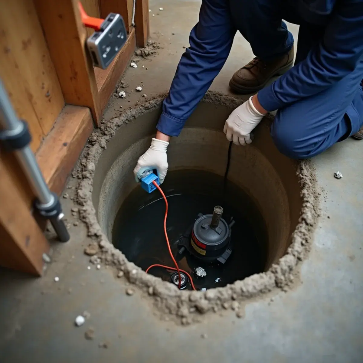 Plumber freeing a sump pump float switch snagged on the pit wall