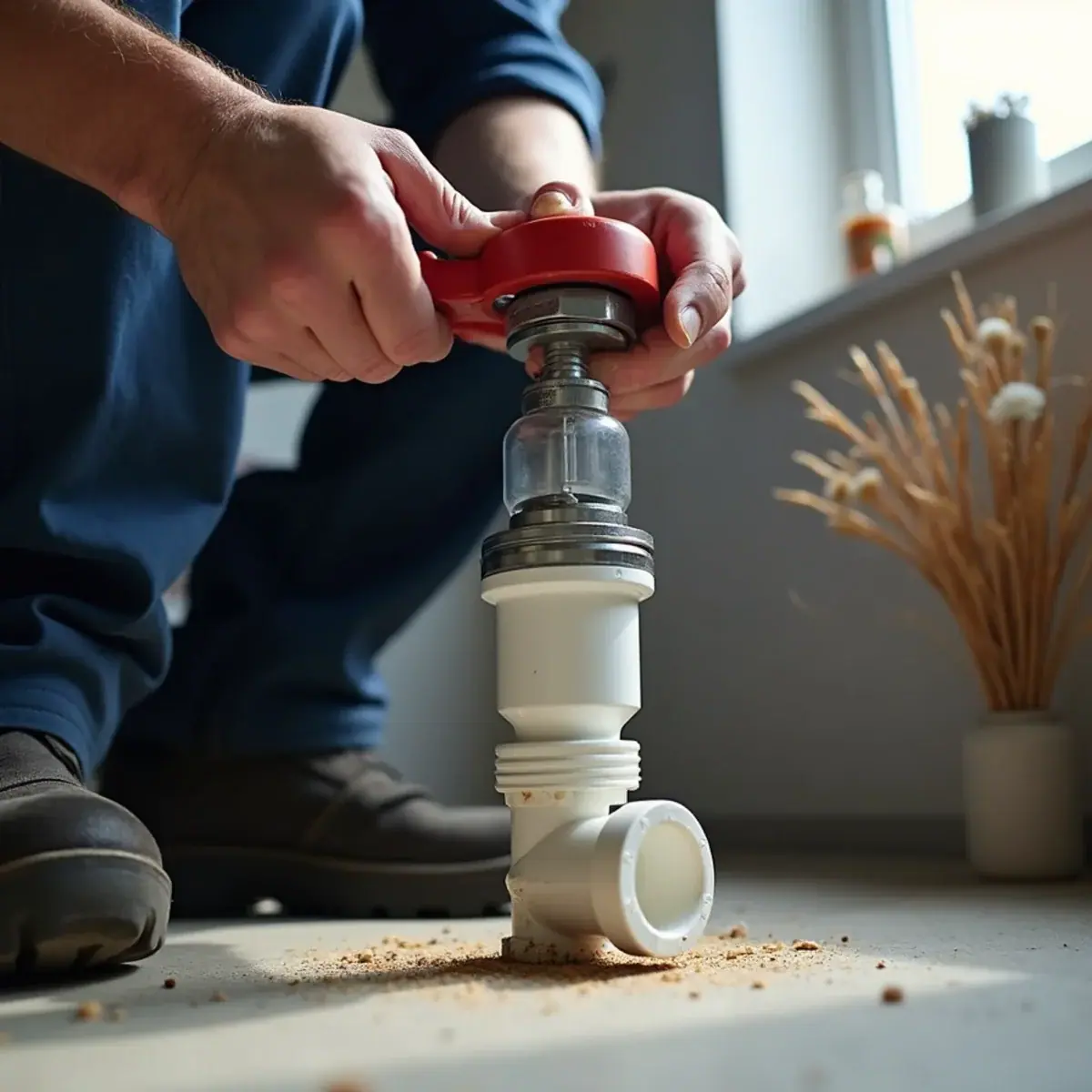 Plumber fitting a new check valve on a sump pump discharge pipe