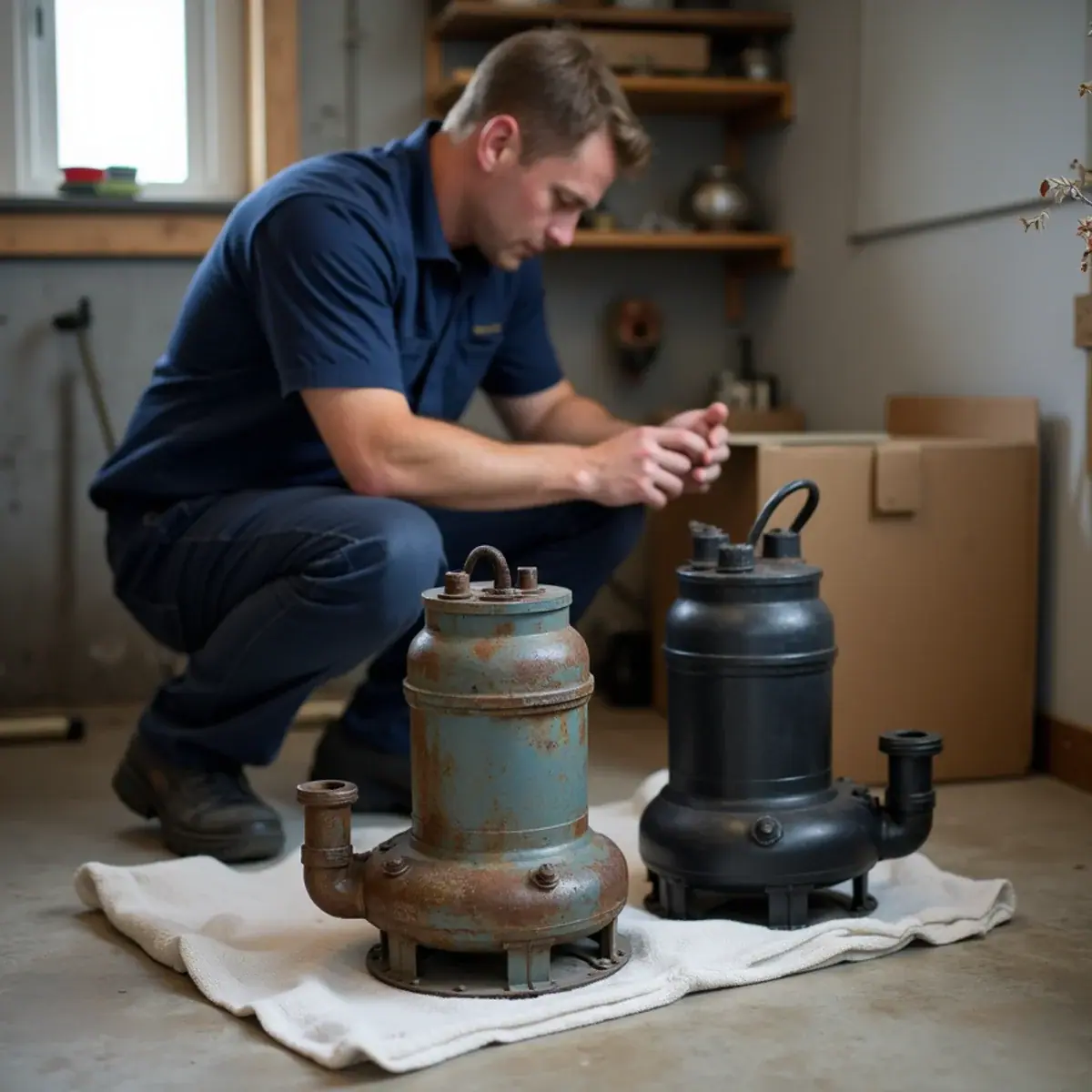 Worn, rusted sump pump next to its new replacement on a basement floor