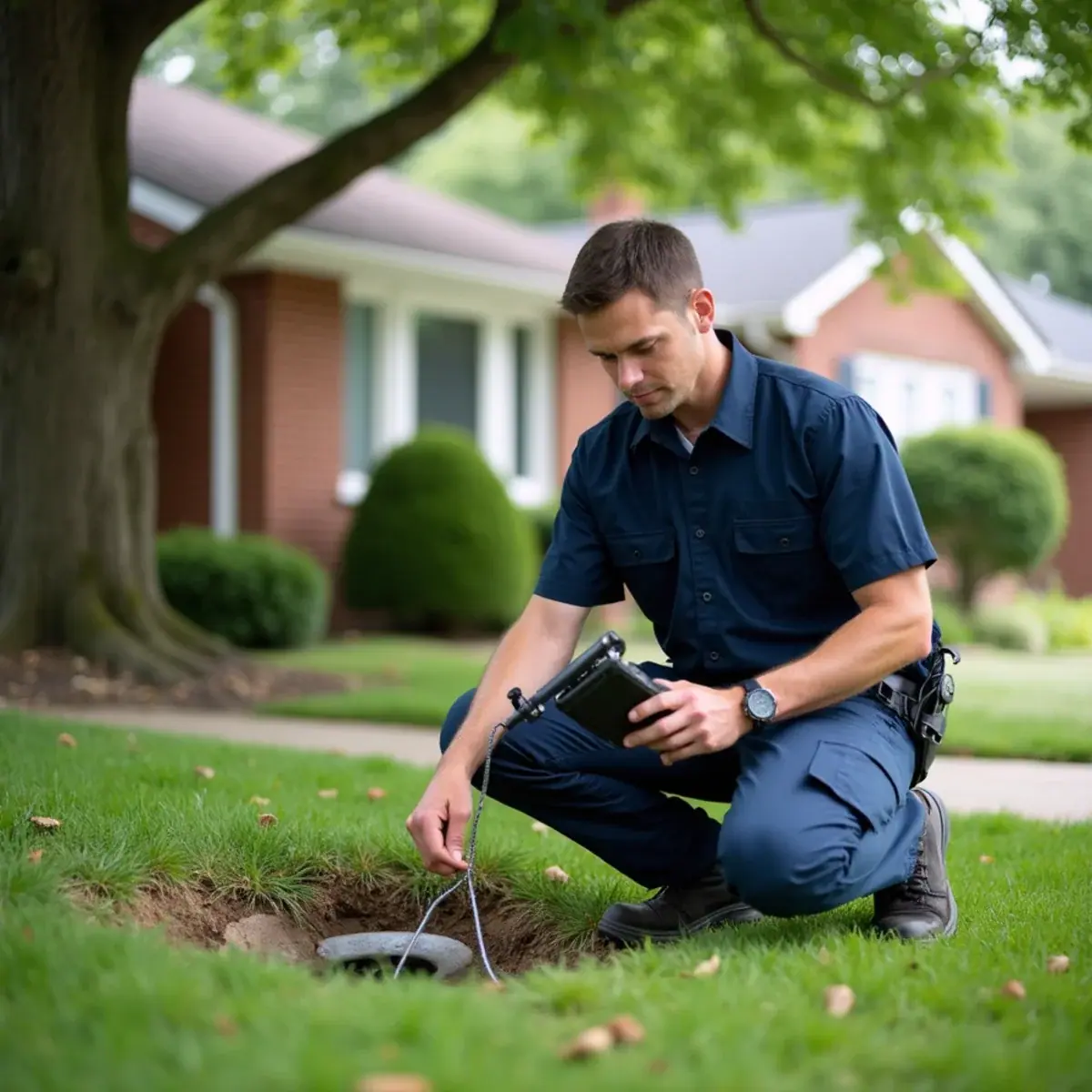 Plumber running a sewer camera through a front-yard cleanout under a mature tree in Villa Park, IL