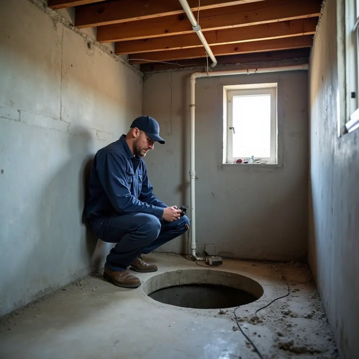 Plumber inspecting an open ejector pit during an overhead sewer project in a Villa Park, IL basement