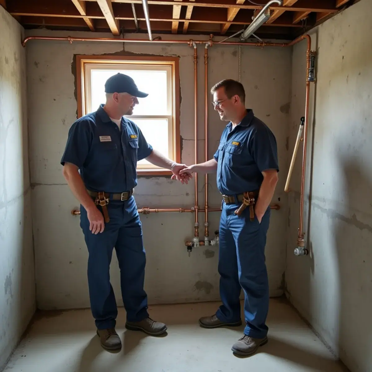 Plumbers reviewing copper water lines in an unfinished basement in Villa Park, IL