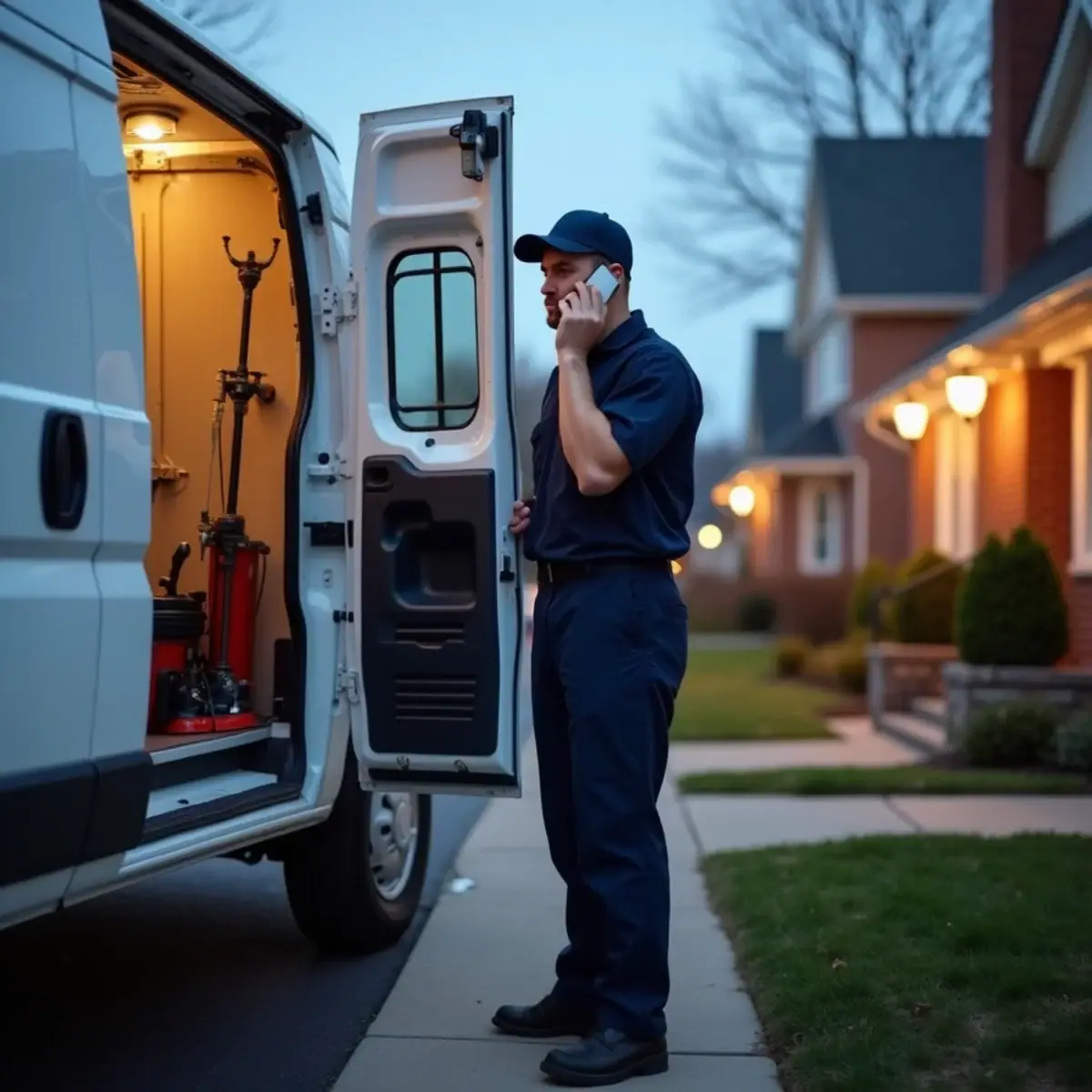 Plumber on a phone call beside a work van on a residential street in Villa Park, IL