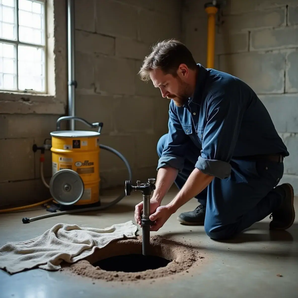 Plumber rodding a main sewer line through a basement floor cleanout in Villa Park, IL