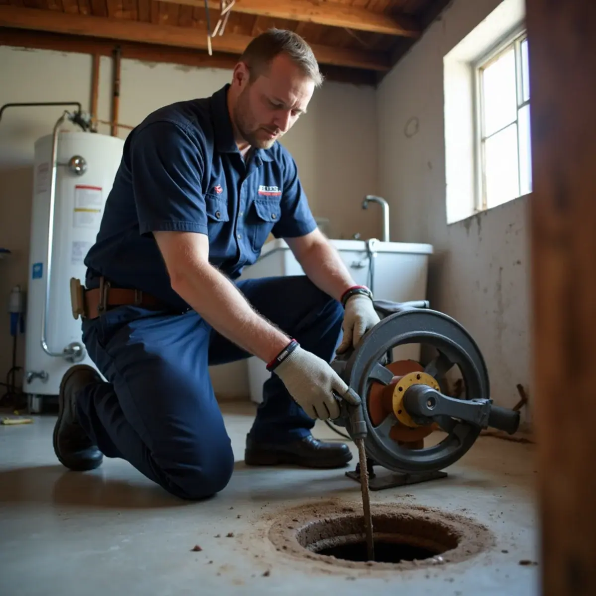 Plumber feeding a power rodding cable into a basement floor drain in Villa Park, IL