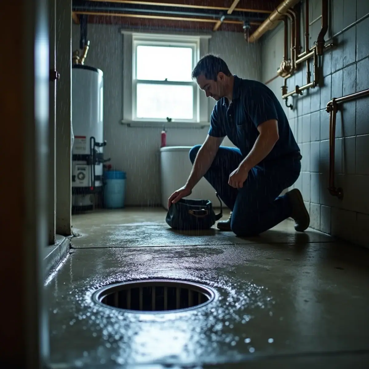 Water rising around a basement floor drain during a storm in a Villa Park, IL home