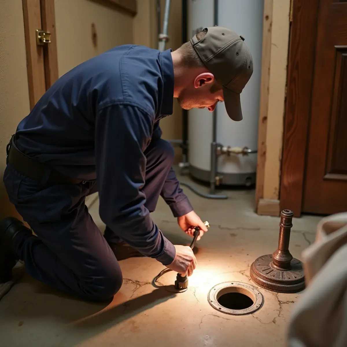 Plumber inspecting a basement floor drain and sewer cleanout in a Villa Park, IL home