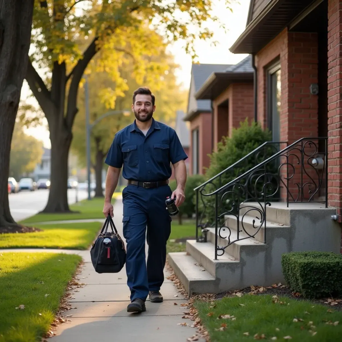 Licensed plumber arriving at a brick bungalow on a tree-lined street in Villa Park, IL