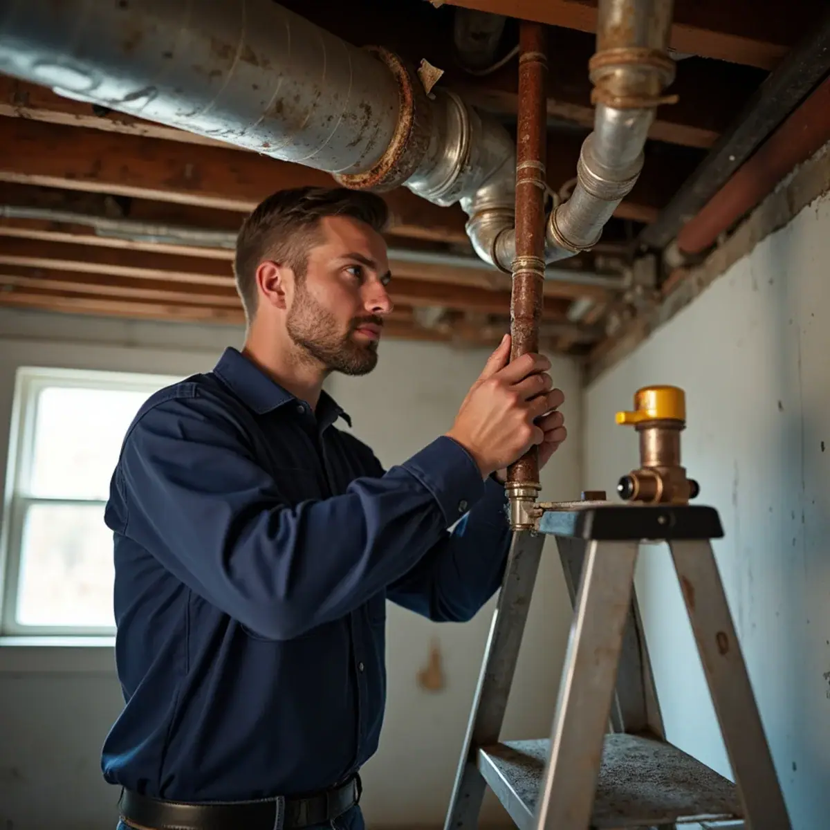 Plumber replacing a leaking galvanized steel pipe section in a Villa Park, IL basement