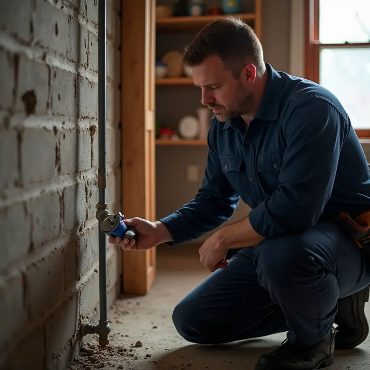 Plumber checking an older water service line beside the meter in a Villa Park, IL basement