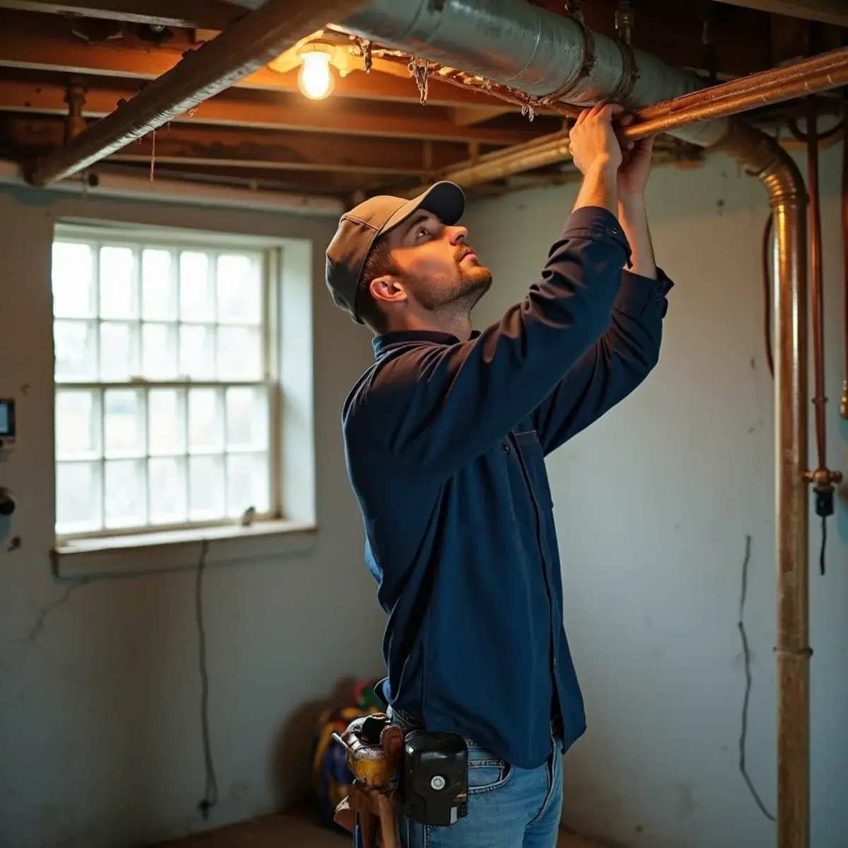 Licensed plumber repairing copper supply pipe in a Villa Park, IL basement