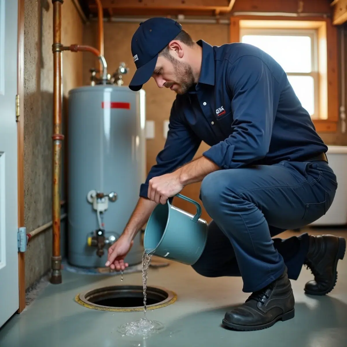 Plumber testing a basement floor drain beside a gas water heater in an Addison, IL home