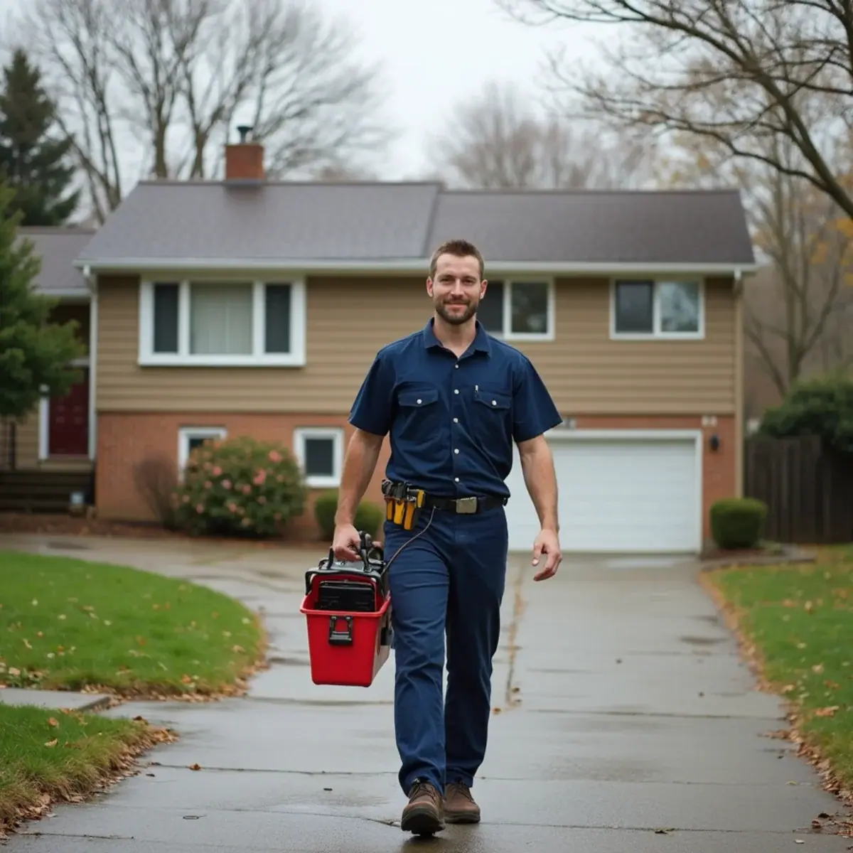 Plumber arriving at a 1970s split-level home on a quiet street in Addison, IL