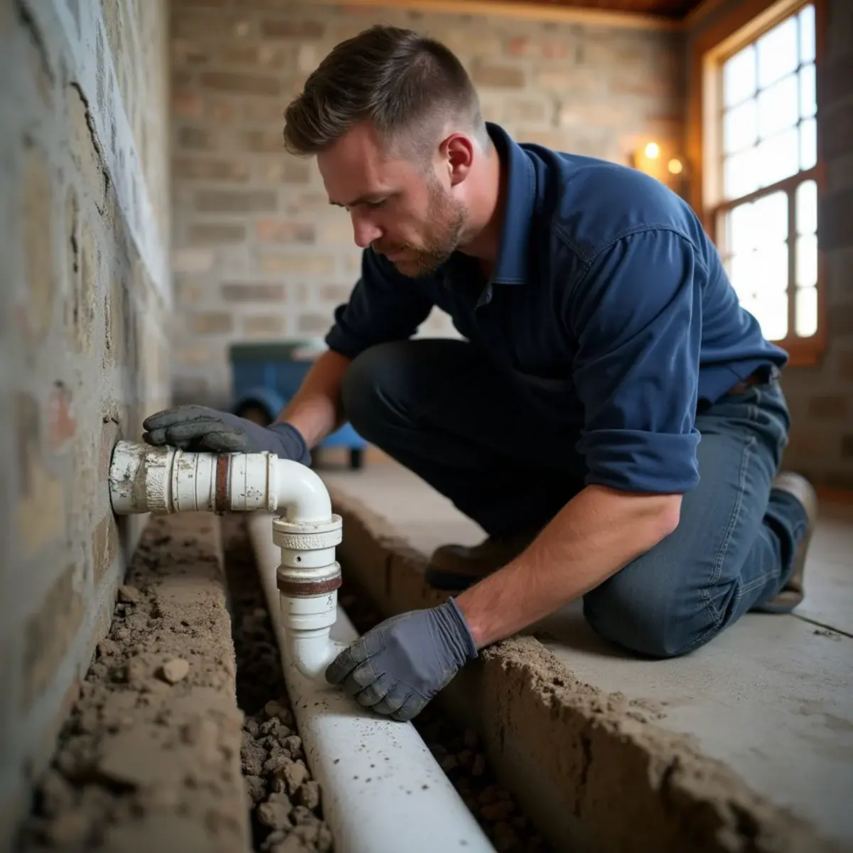 Plumber fitting a backwater valve into the main sewer line under an Elmhurst, IL basement floor
