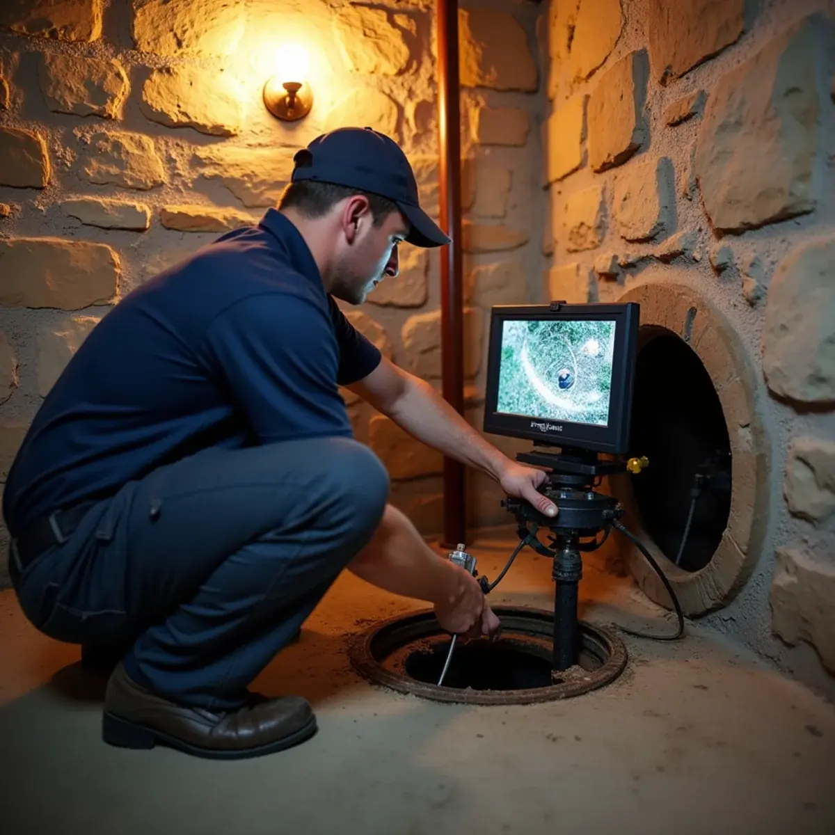 Plumber watching a sewer camera monitor showing tree roots in a clay pipe in a Glen Ellyn, IL basement