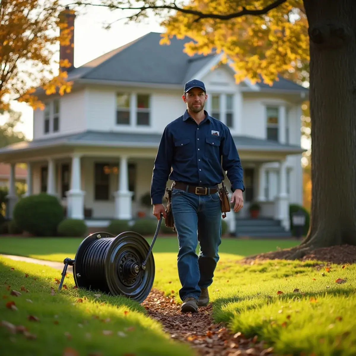 Plumber bringing a sewer camera reel to an older home on a wooded lot in Glen Ellyn, IL