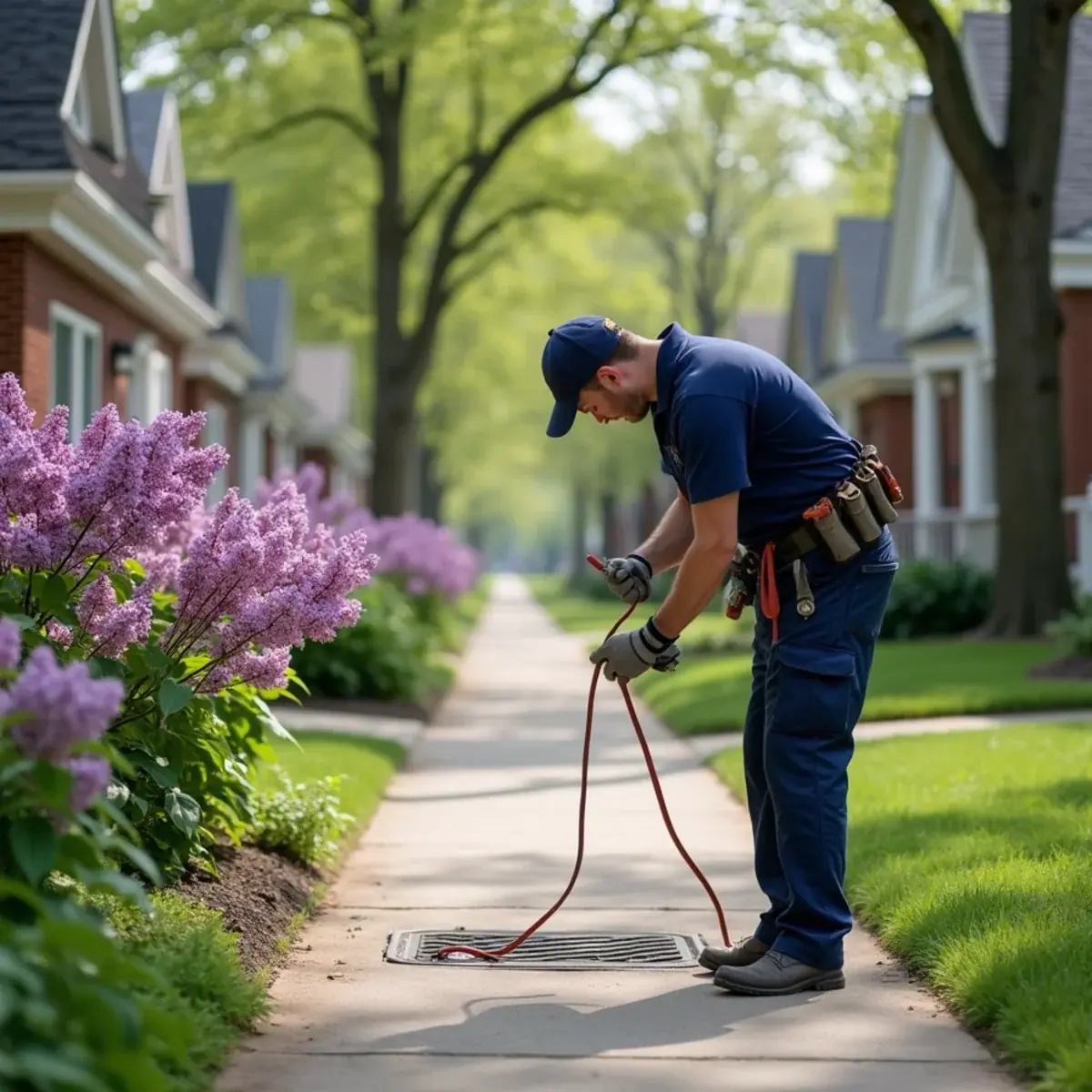 Plumber clearing a sidewalk drain on a lilac-lined street of older homes in Lombard, IL
