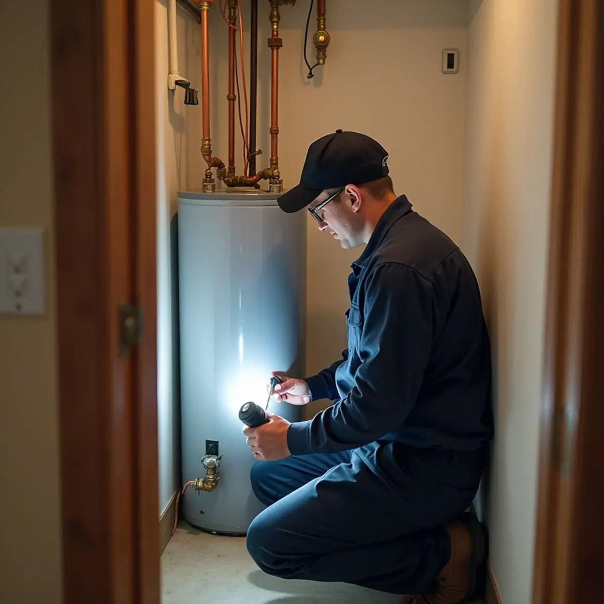 Plumber checking the water heater and unit shutoff valve in a Westmont, IL condo utility closet