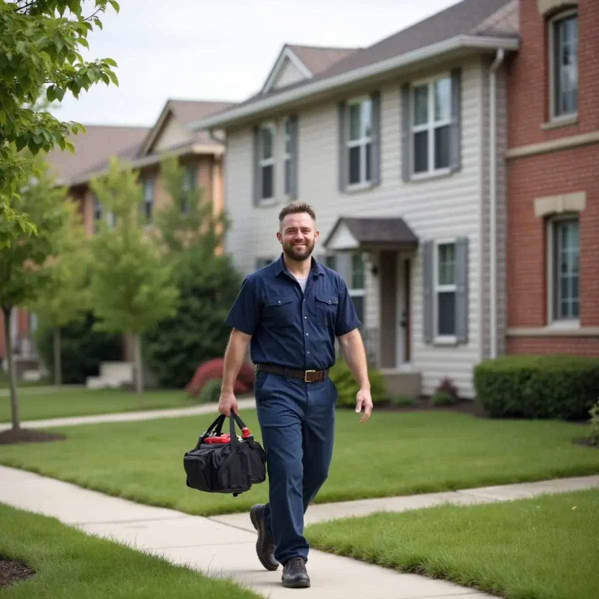 Plumber walking past townhomes on a residential street in Westmont, IL