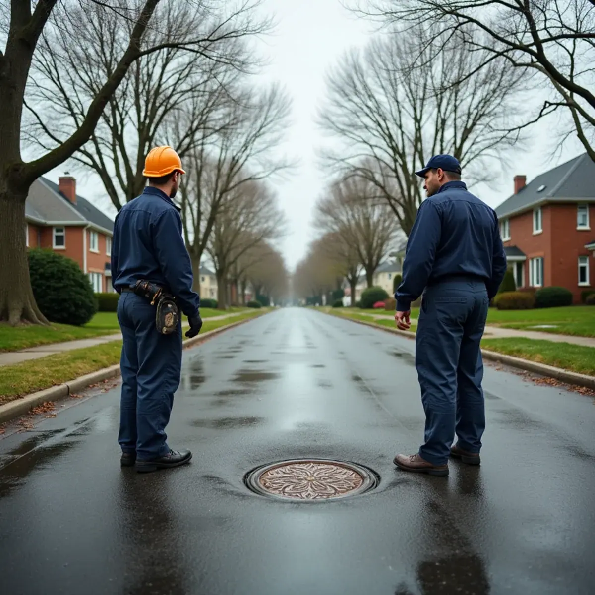 Plumbers checking a sewer manhole on a rain-soaked residential street near Villa Park, IL