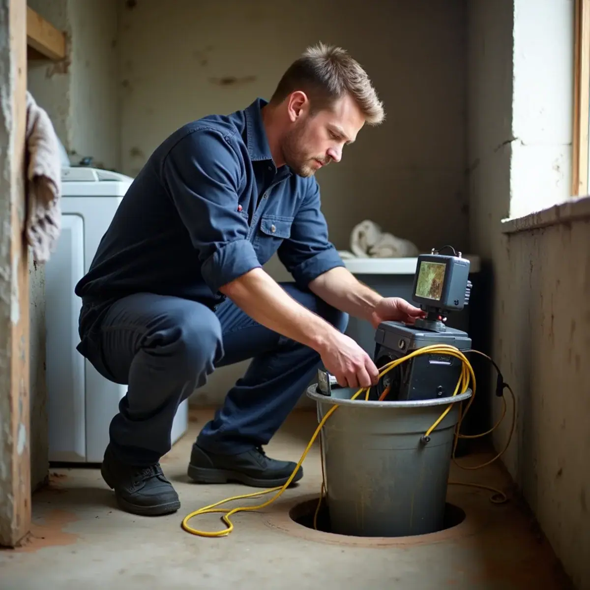 Plumber watching a sewer camera monitor during an inspection of a clay sewer lateral in a Villa Park, IL basement