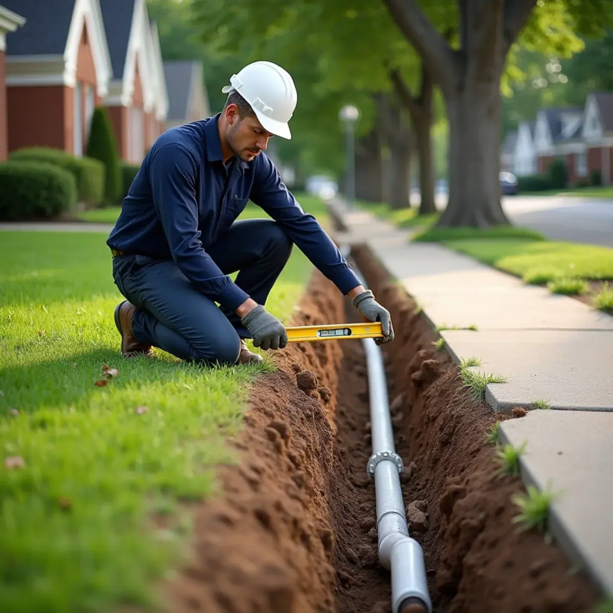 Plumber leveling a new sewer lateral in an open parkway trench in Villa Park, IL