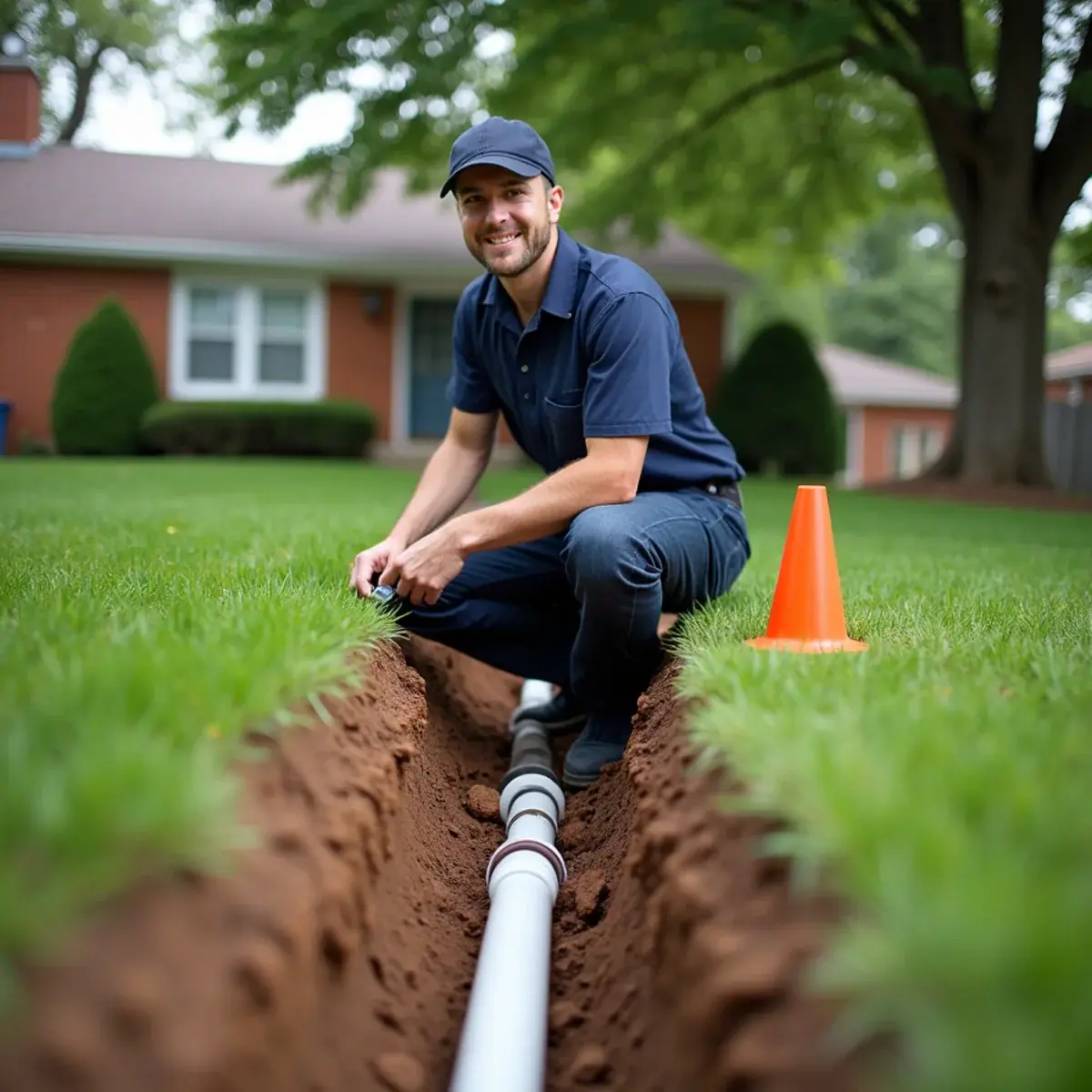 Plumber beside a trench exposing a new sewer lateral in the front yard of a Villa Park, IL home