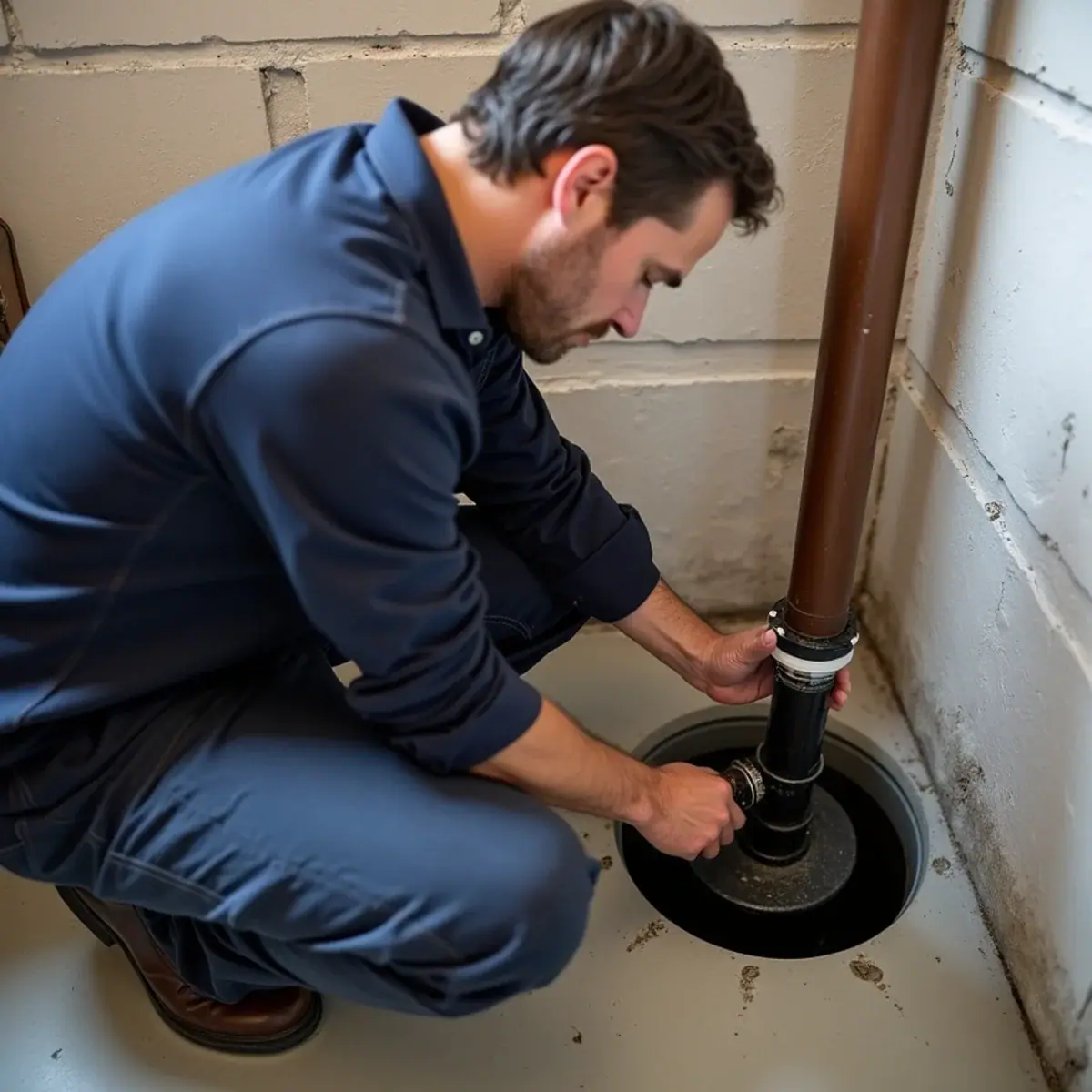 Plumber connecting the discharge pipe on a new sump pump in a Villa Park, IL basement pit