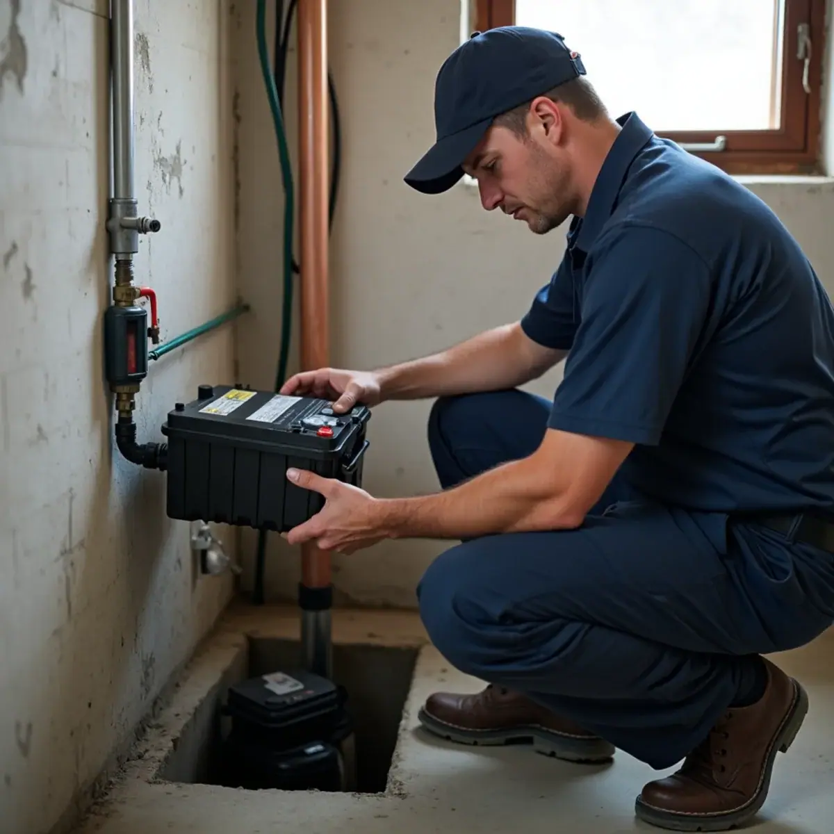 Battery backup sump pump and deep-cycle battery beside a sump pit in a Villa Park, IL basement