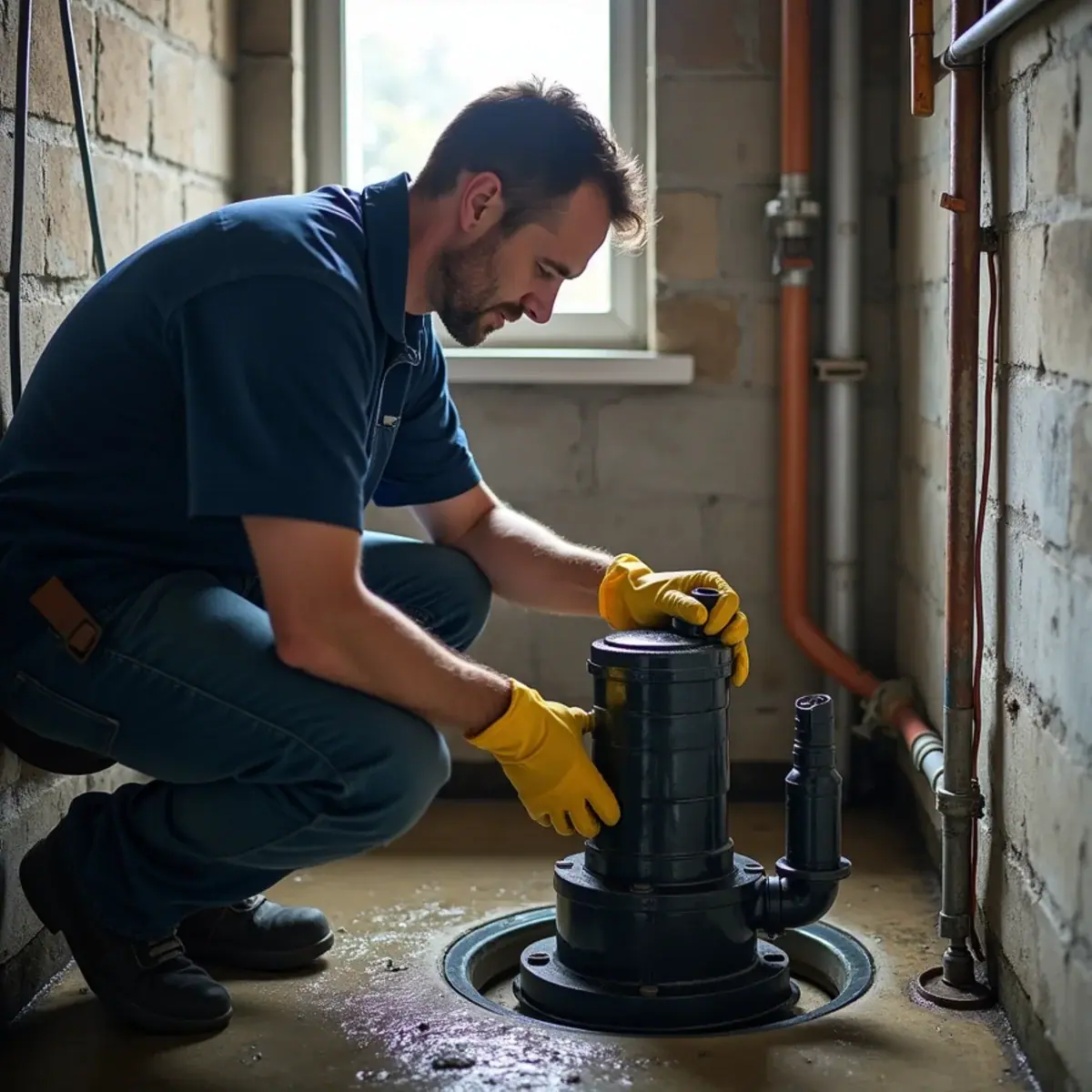 Plumber lifting a sump pump out of a basement pit in Villa Park, IL
