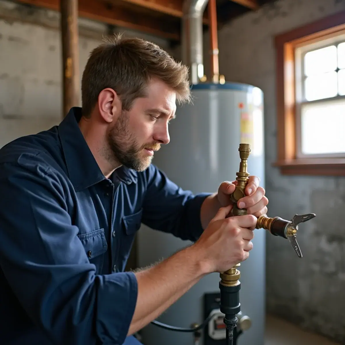 Plumber fitting the gas valve and connector on a new water heater in a Villa Park, IL basement