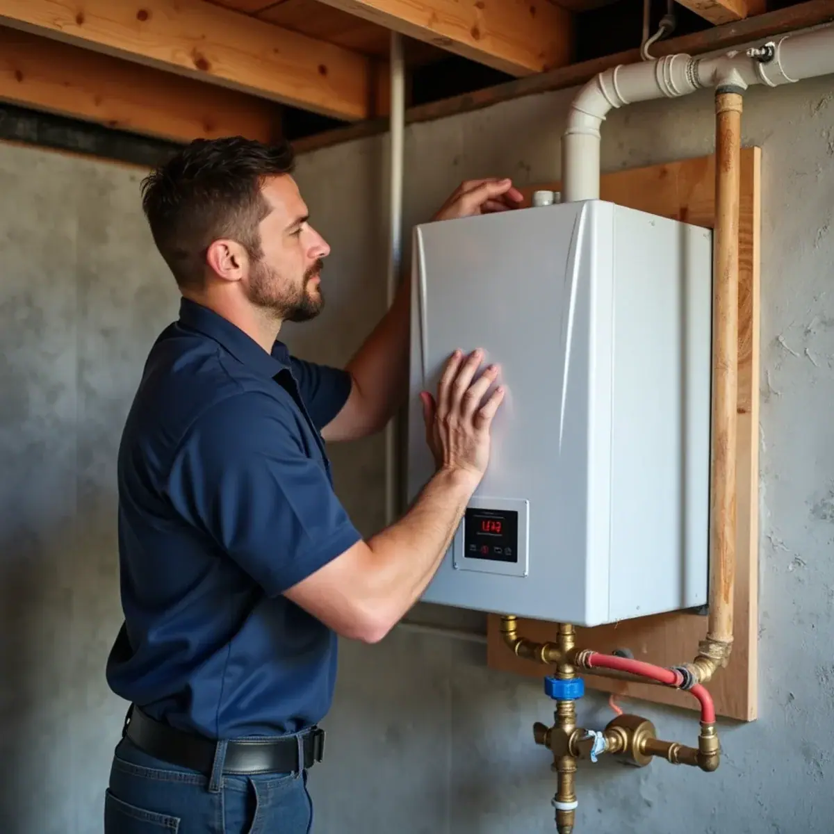 Plumber installing a wall-mounted tankless water heater in a Villa Park, IL basement